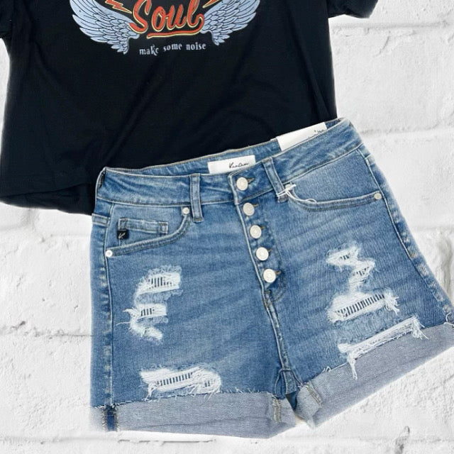 Exposed Button High Rise Denim Shorts