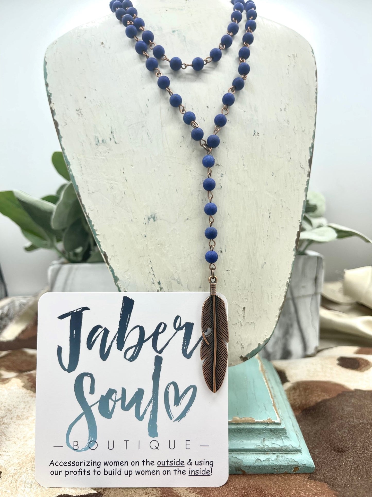 Double Strand Frosted Blue Lapis with Copper Feather 244z