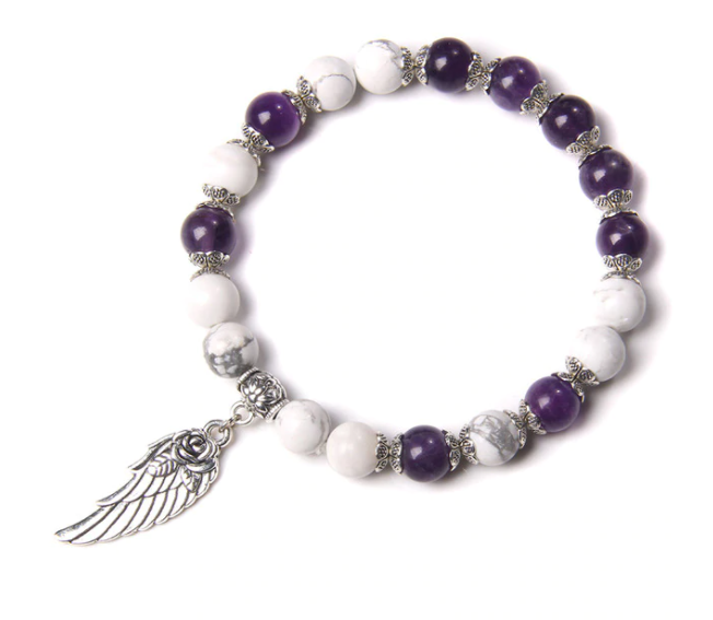 Handmade Amethyst Stone Angel Wing Pendant Stretch Bracelet