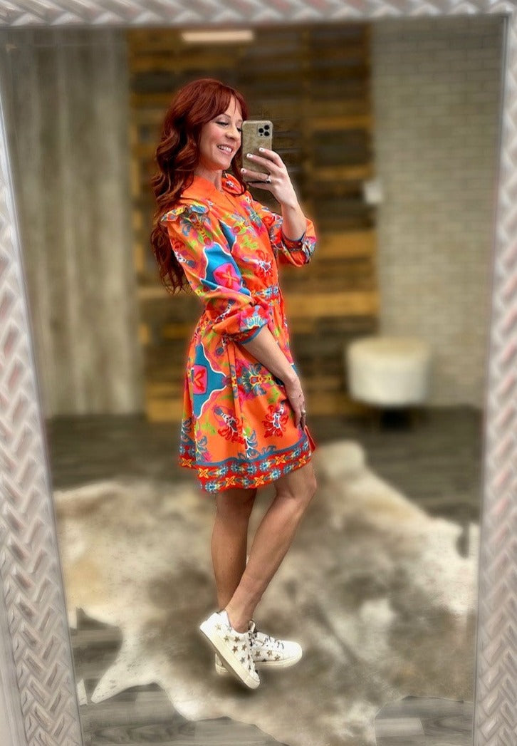 Blissfully Bright Orange Print Mini Dress