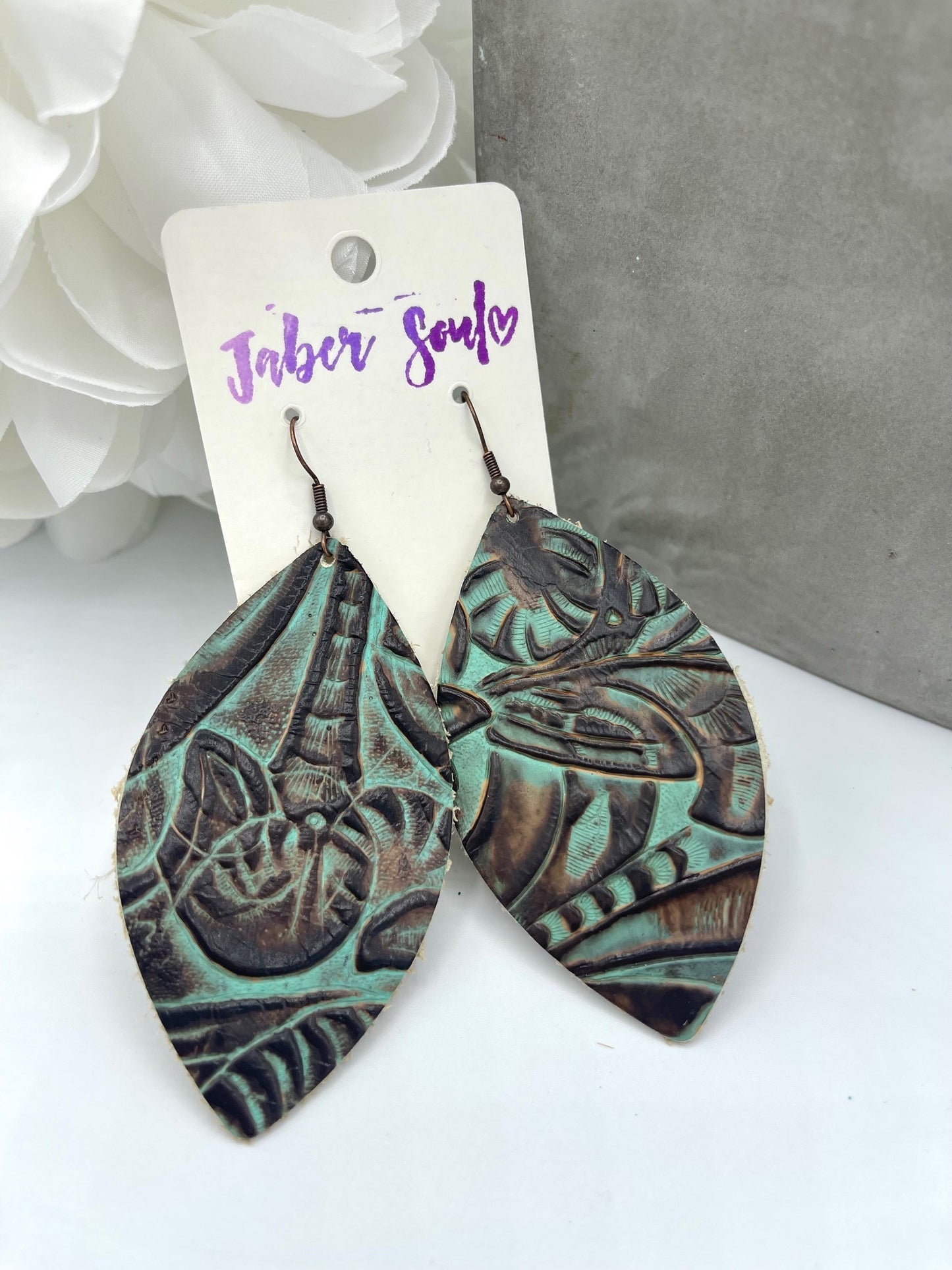 Leather Oval Earrings Turquoise Brown Floral