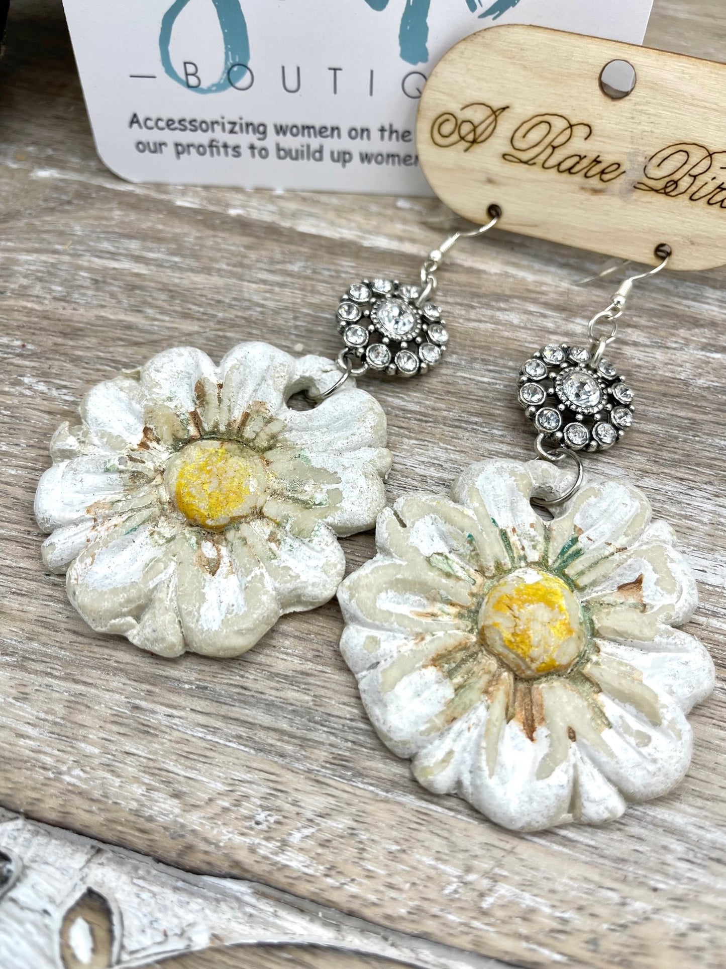 Hand Carved Daisy & Bling Earrings