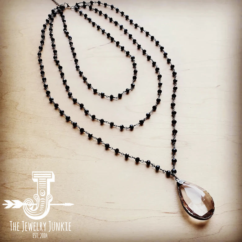 Faceted Glass Beaded Triple Strand Layering Necklace w/ Pendant