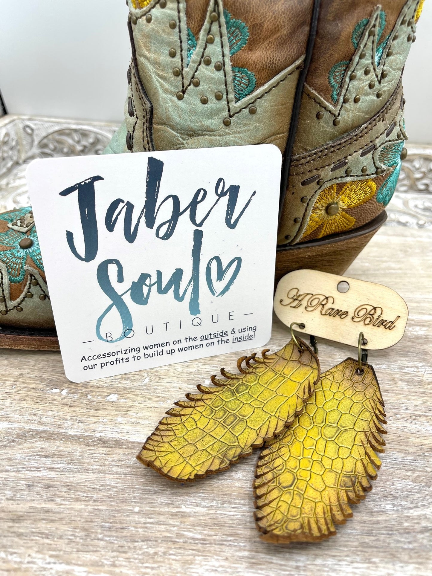 Mustard Snake Leather Feather Earrings