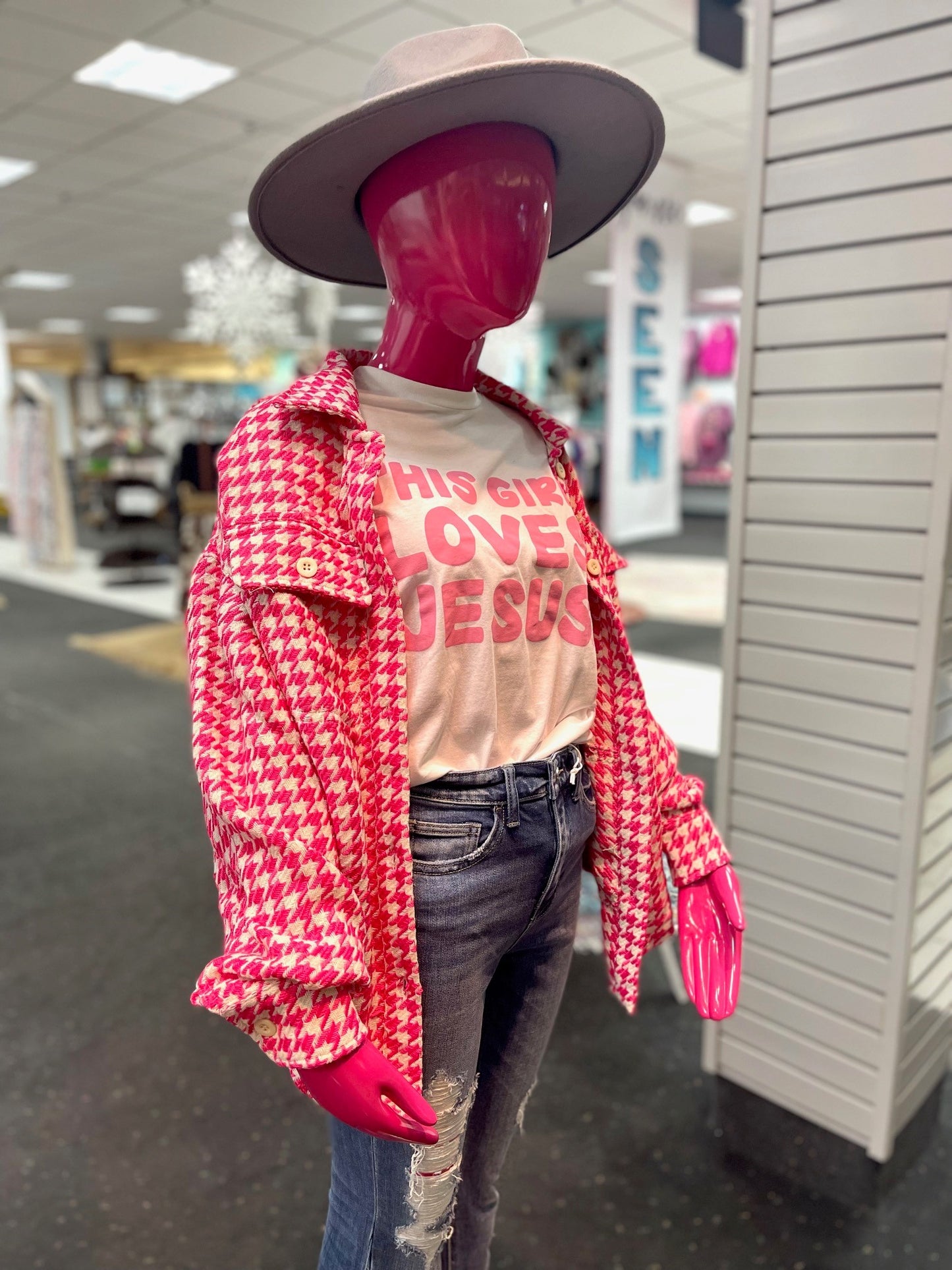 Pink Houndstooth Collar Jacket