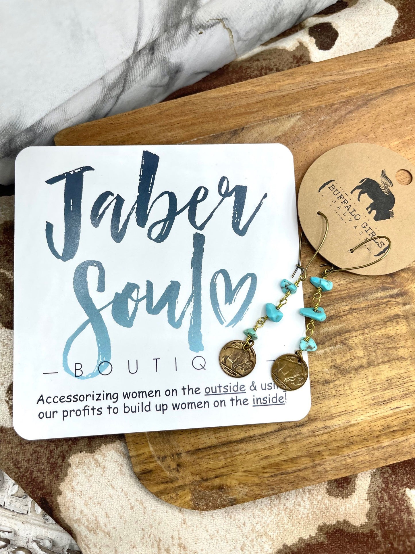 Turquoise Buffalo Bison Bronze Earrings