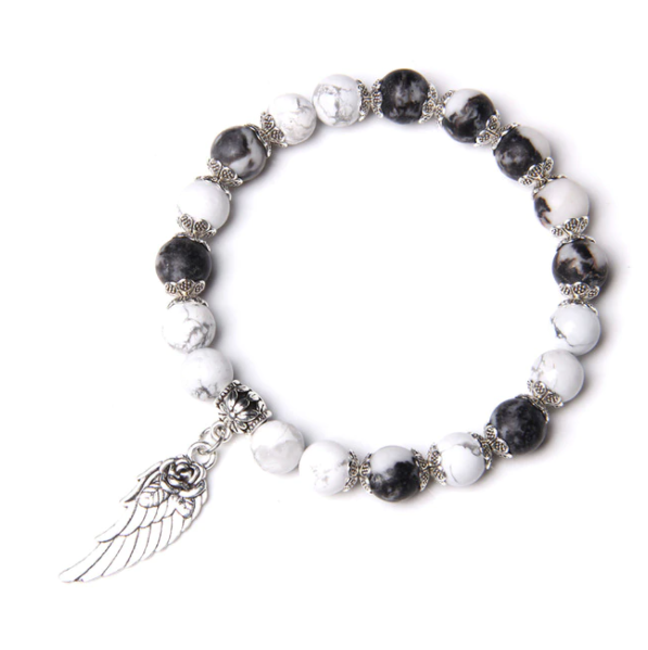 Handmade Zebra Jasper Stone Angel Wing Pendant Stretch Bracelet