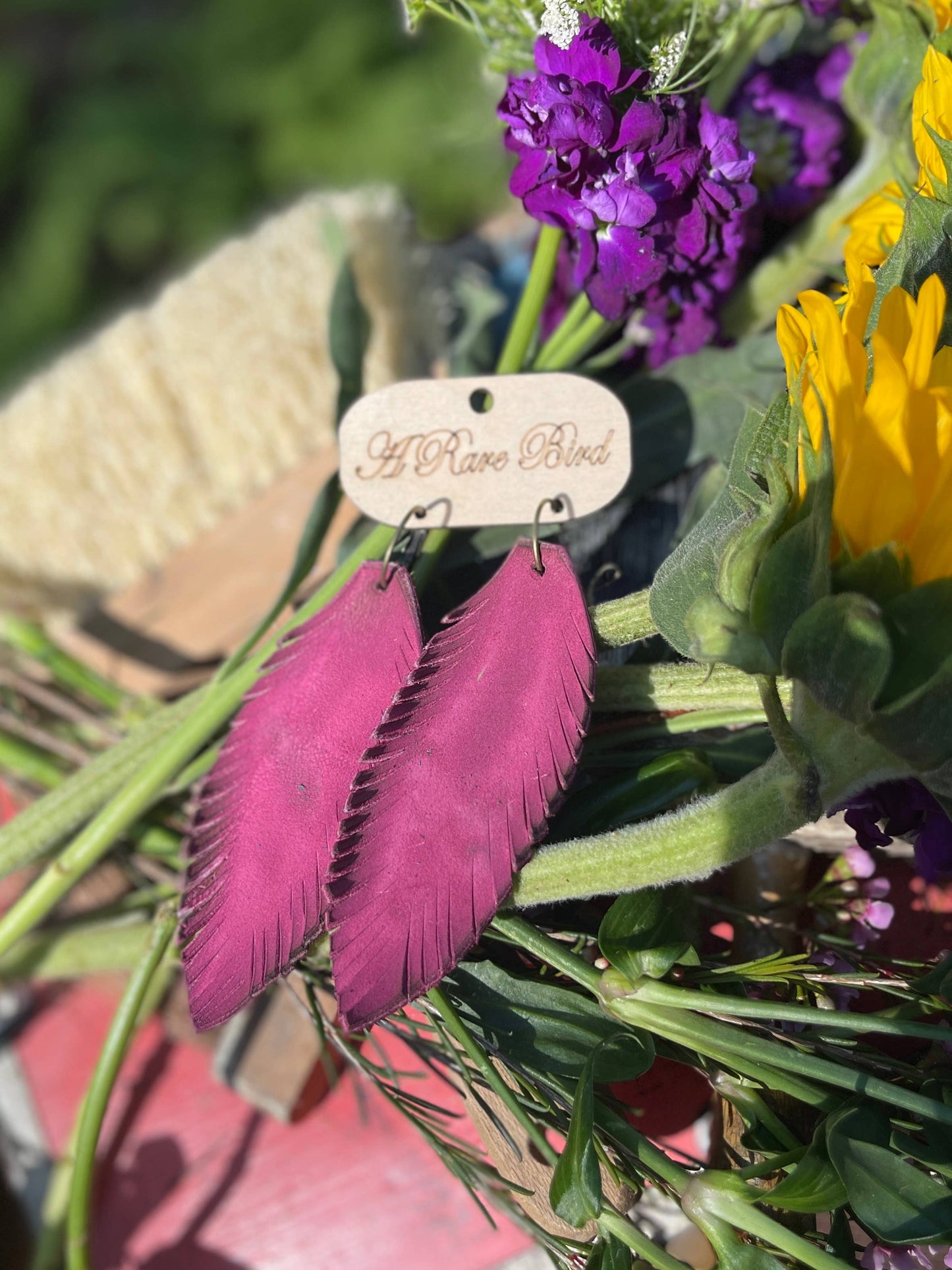 Hand-cut Pink Leather Feather Earrings