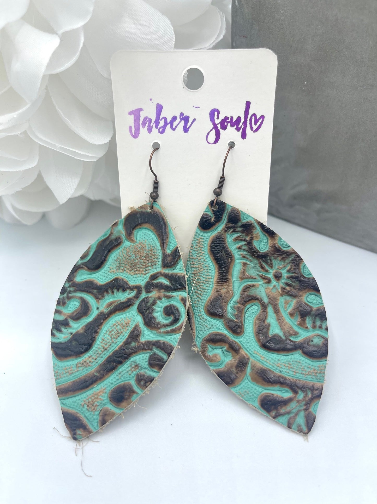 Embossed Turquoise & Brown Leather Earrings