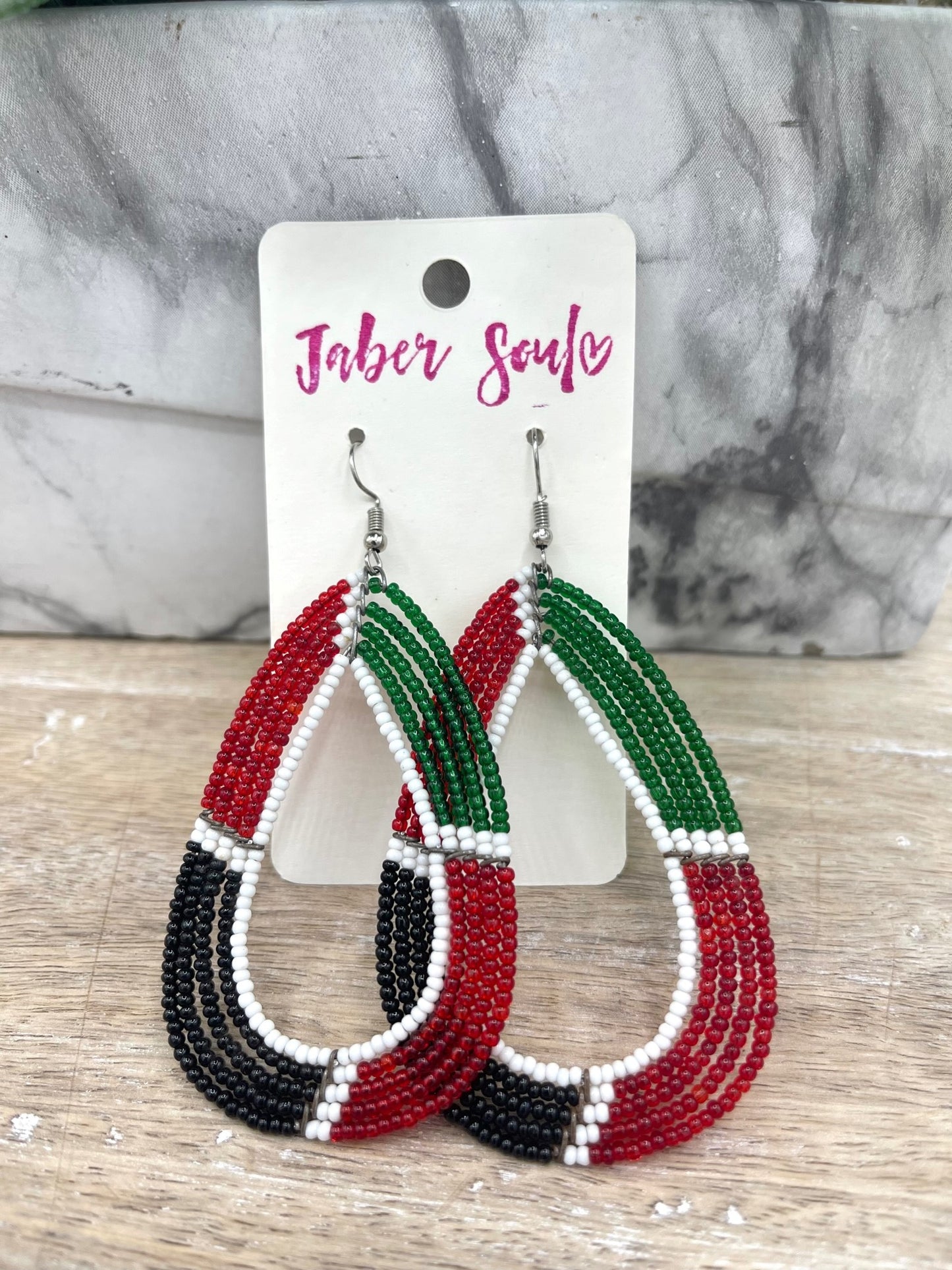 Green, Red, Black & White Kenyan Beaded Earrings
