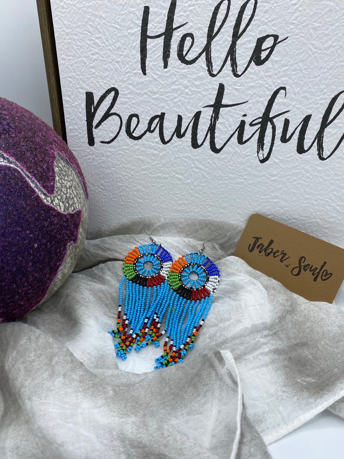 Light Blue Fringe Beads with Colorful Beaded Accents Kenyan Earrings