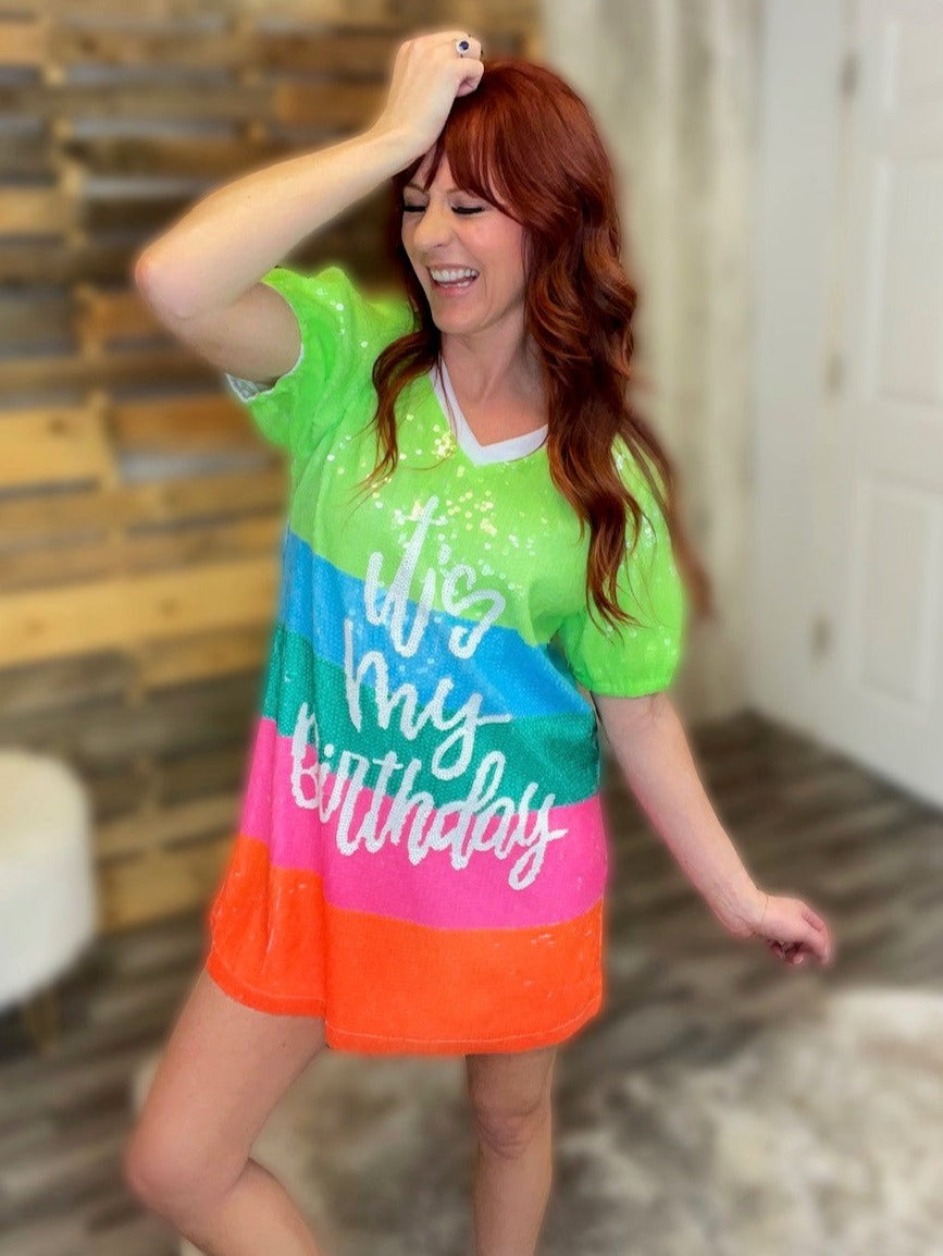 It's My Birthday- Sequin Tunic- Neon
