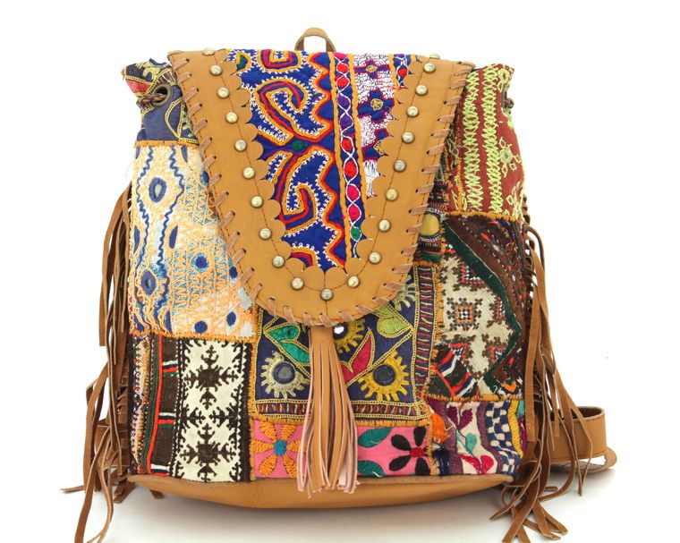 Tan Leather Vintage Fabric Backpack with Fringe