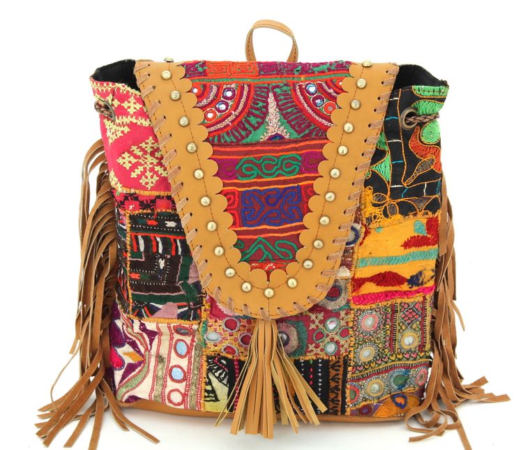 Tan Leather Vintage Fabric Backpack with Fringe