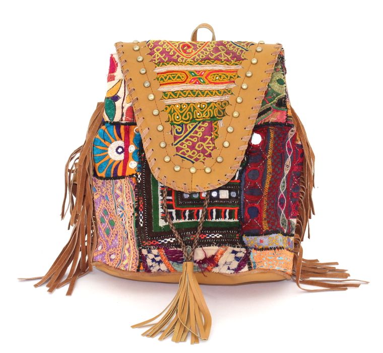Tan Leather Vintage Fabric Backpack with Fringe