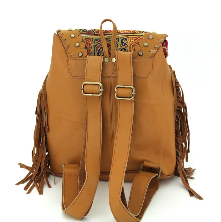 Tan Leather Vintage Fabric Backpack with Fringe