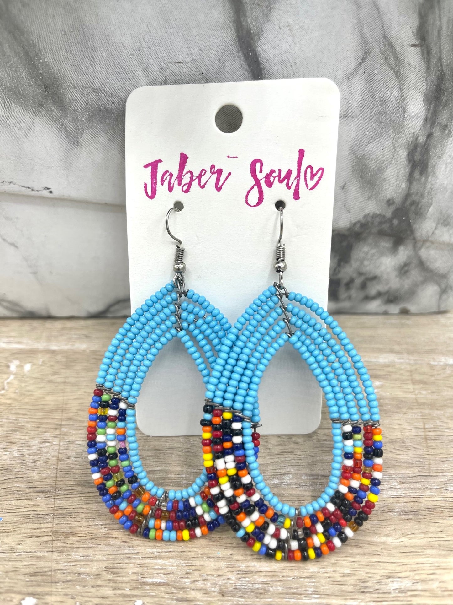 Light Blue Rainbow Beaded Kenyan Earrings