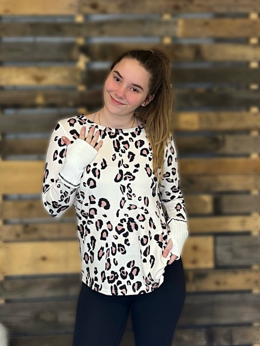Leopard Print Long Sleeve Top with Contrast Cuffs & Thumb Holes