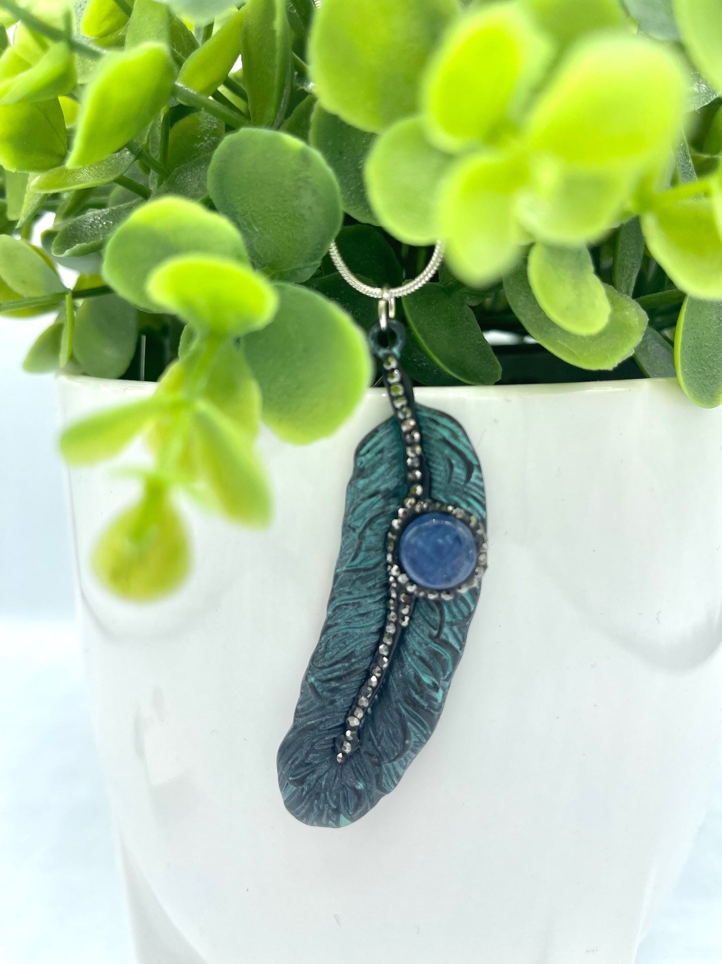 Metal Feather Shape Pendant w Kyanite