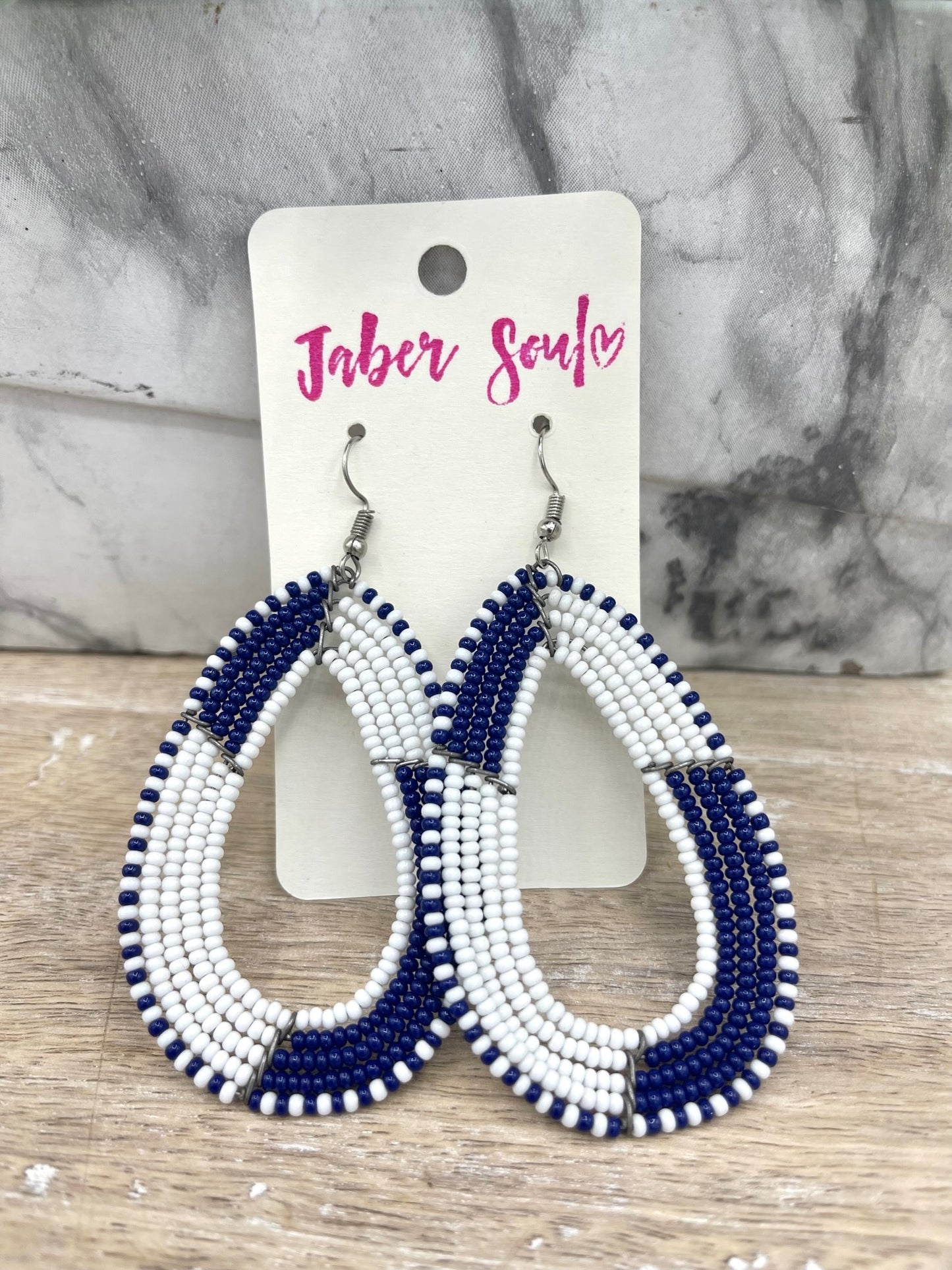 Navy & White Kenyan Beaded Earrings