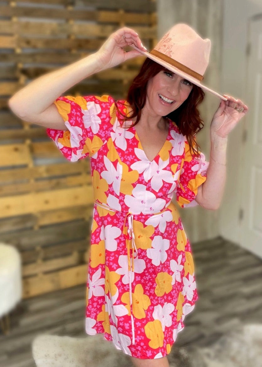 V Neckline Hot Pink Flare Dress