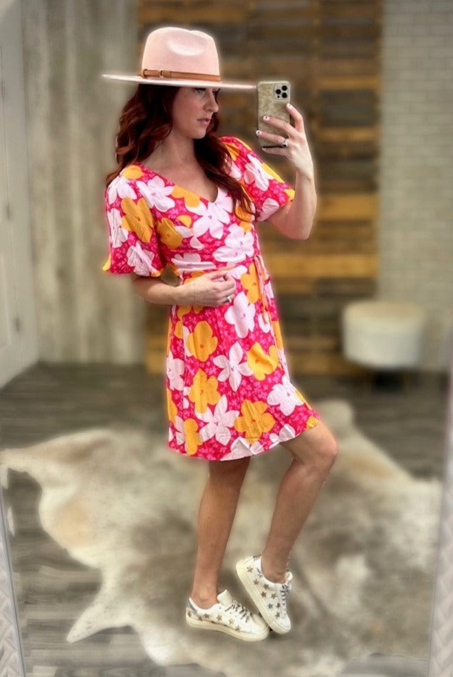 V Neckline Hot Pink Flare Dress