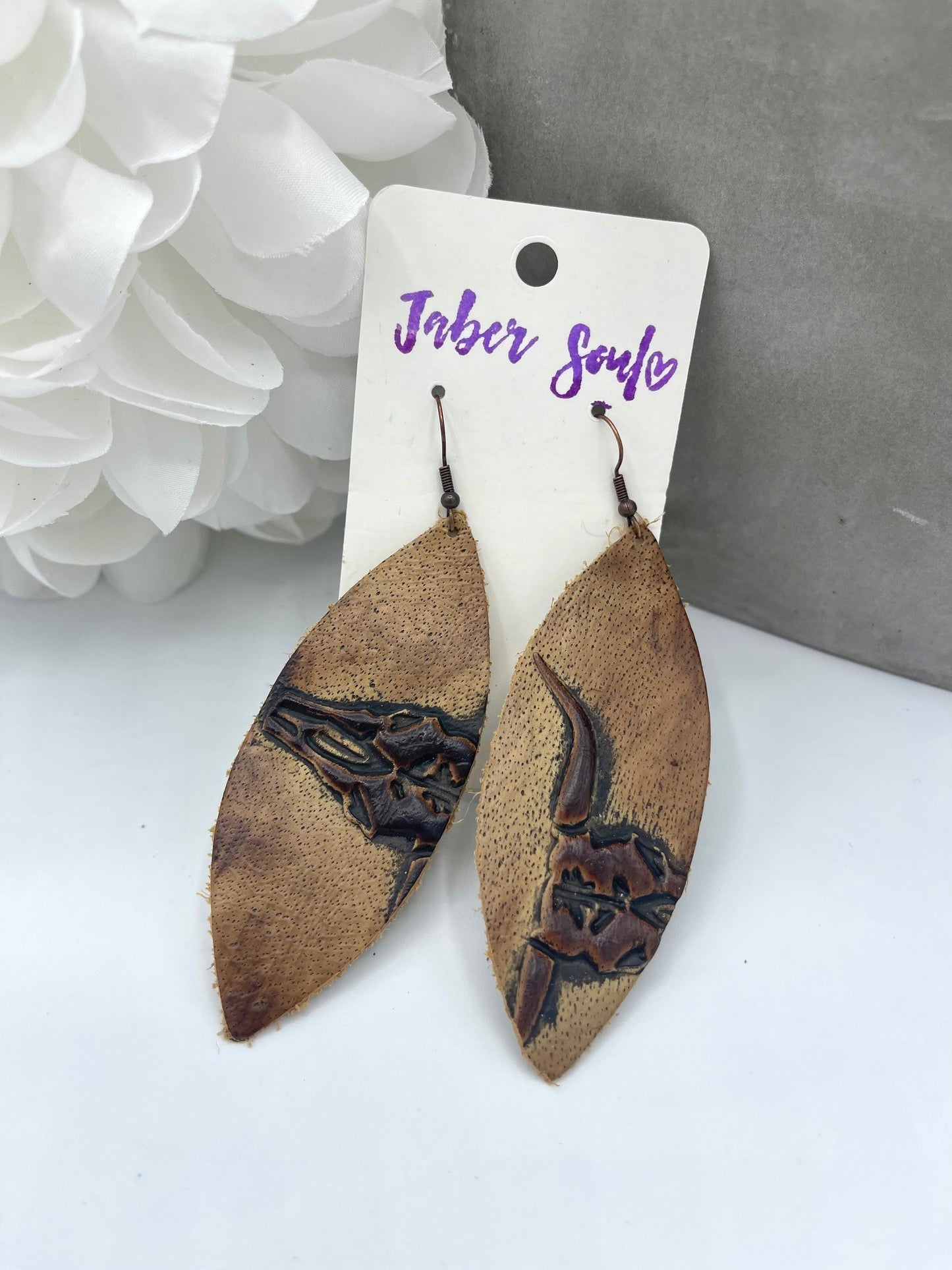 Tan Steer Head Leather Earrings