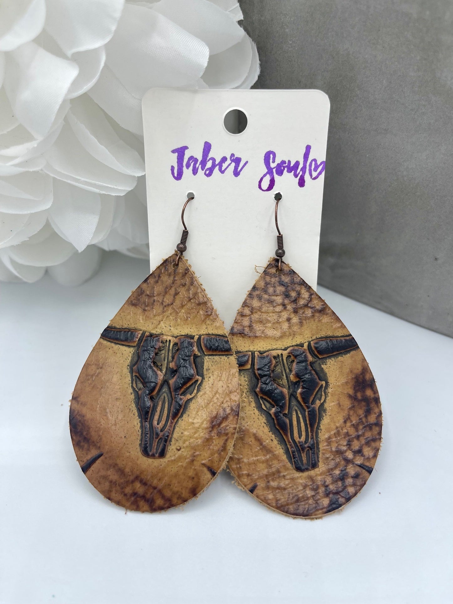 Tan Steer Head Leather Earrings