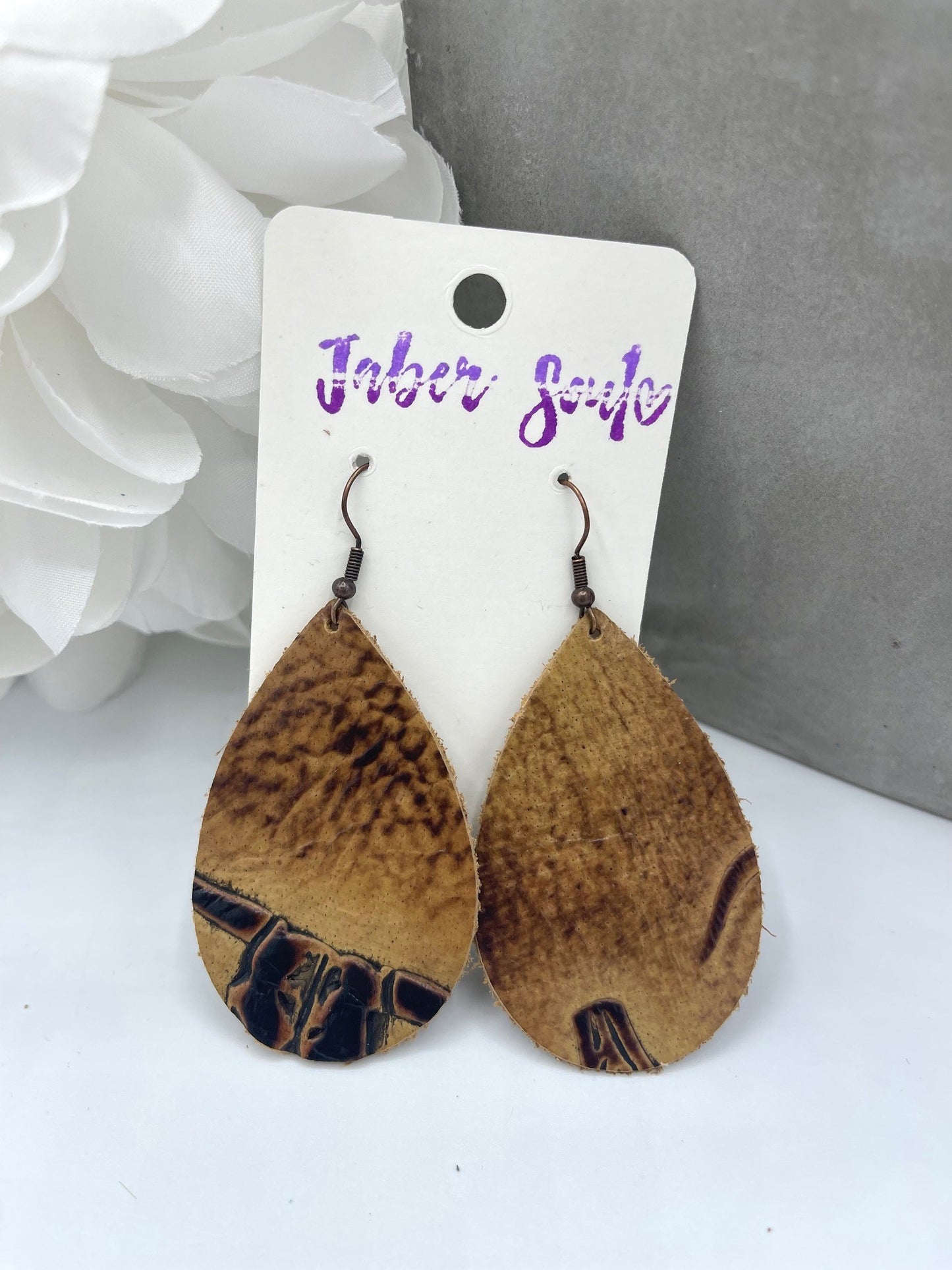 Tan Steer Head Leather Earrings