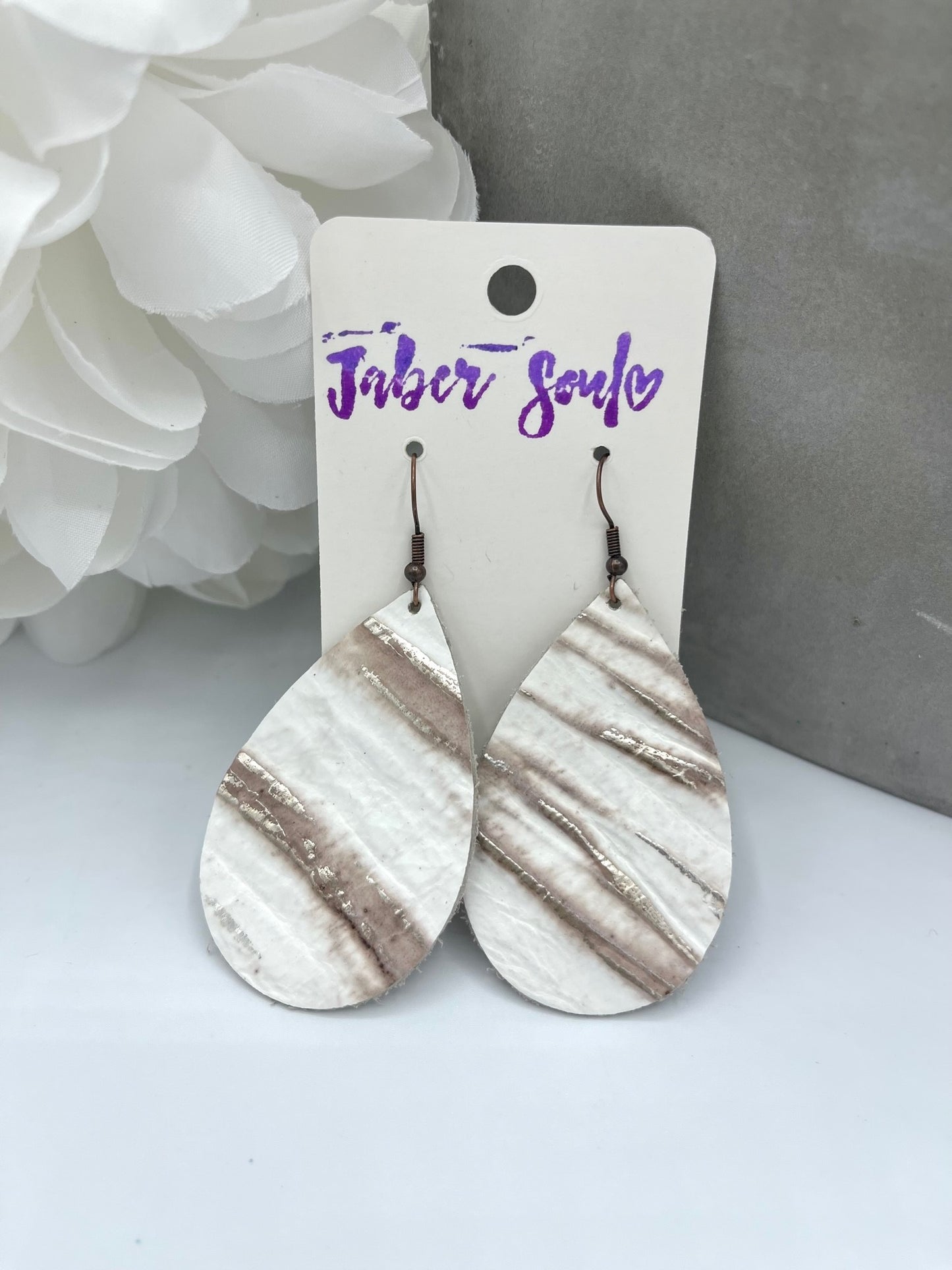 Leather Tear Drop White Chateau Earrings