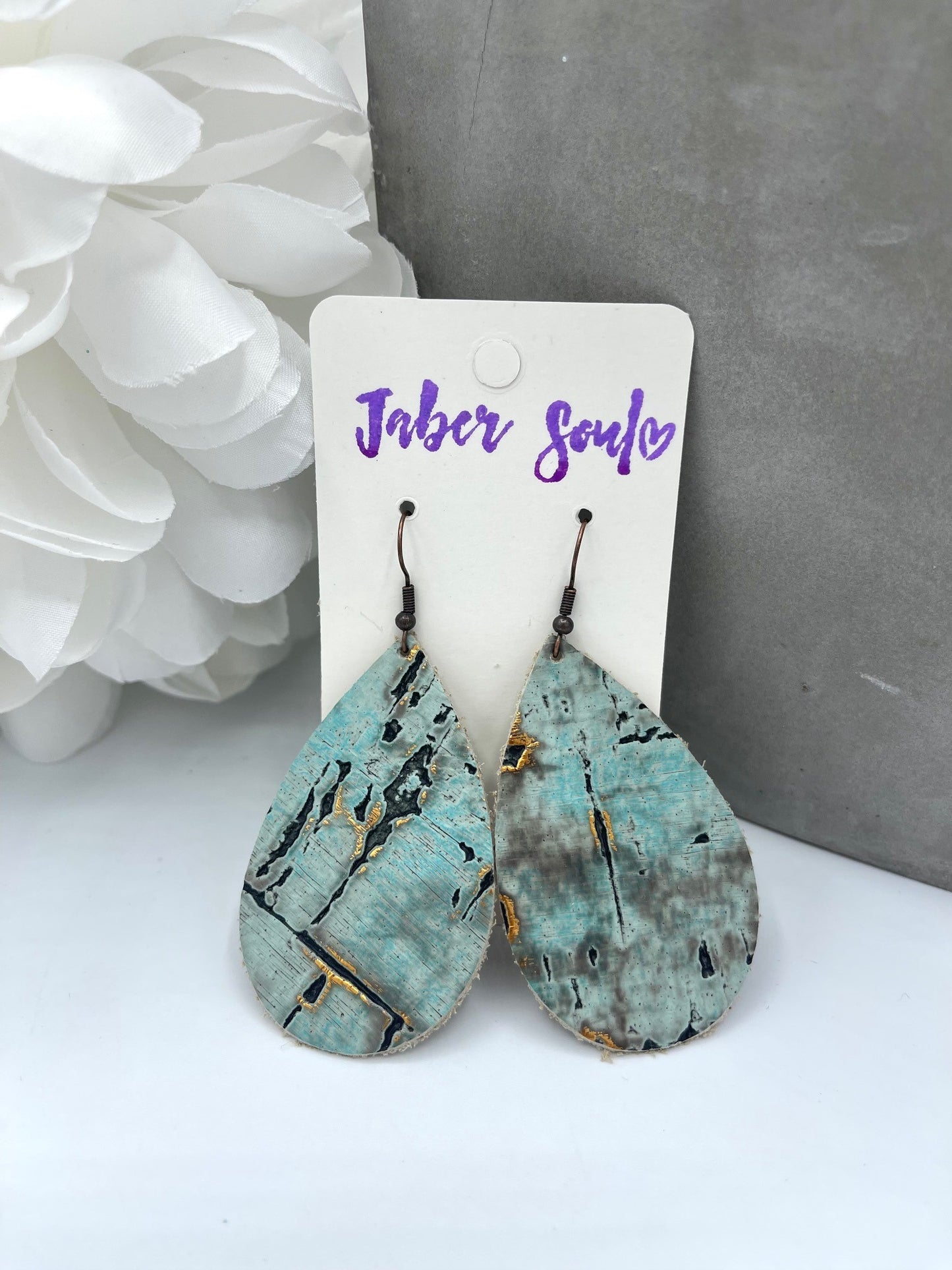 Leather Tear Drop Turquoise & Gold Earrings