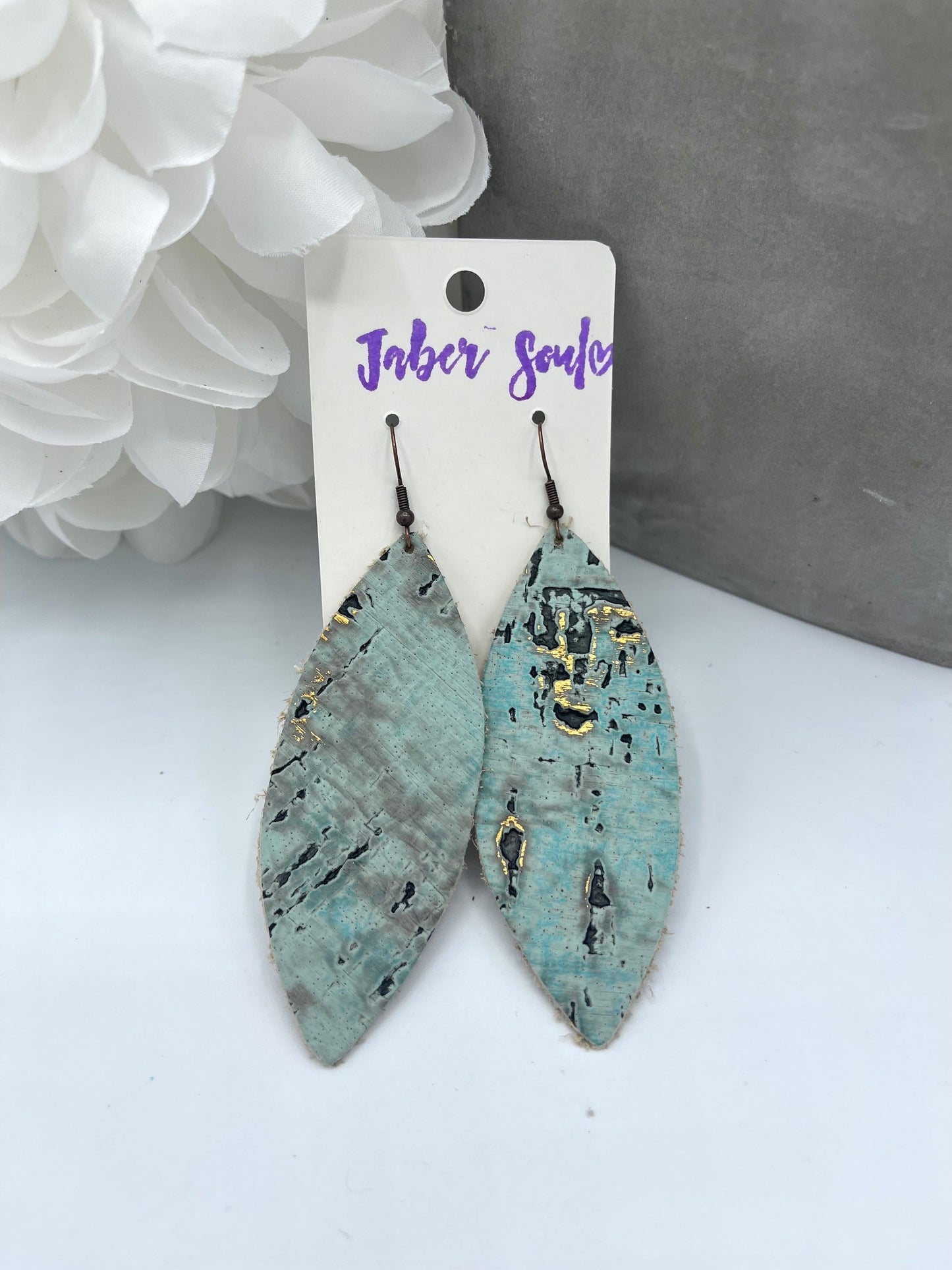 Leather Tear Drop Turquoise & Gold Earrings