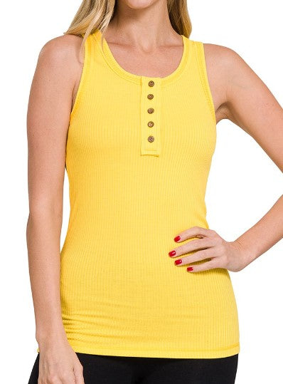 Ribbed Scoop Neck Henry Tank Top- Yellow