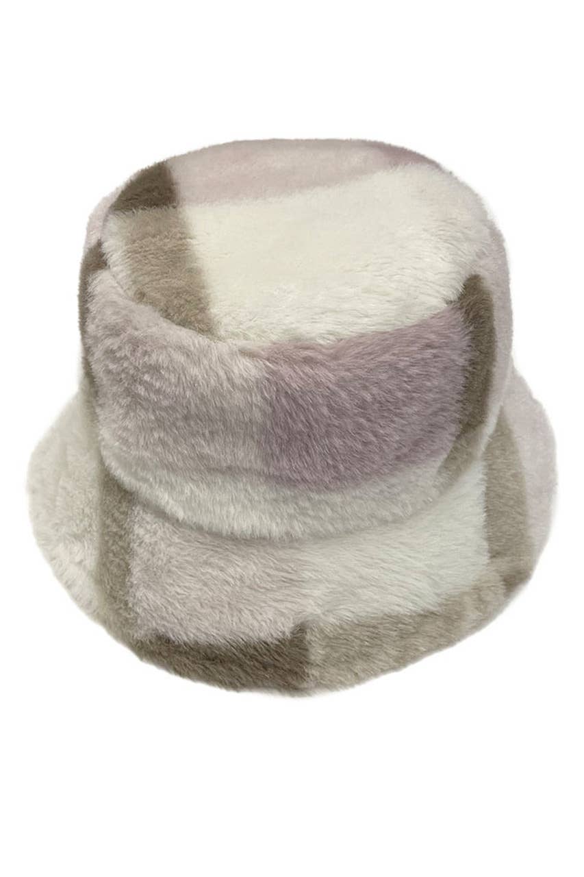 Plaid Faux Fur Bucket Hat- Purple