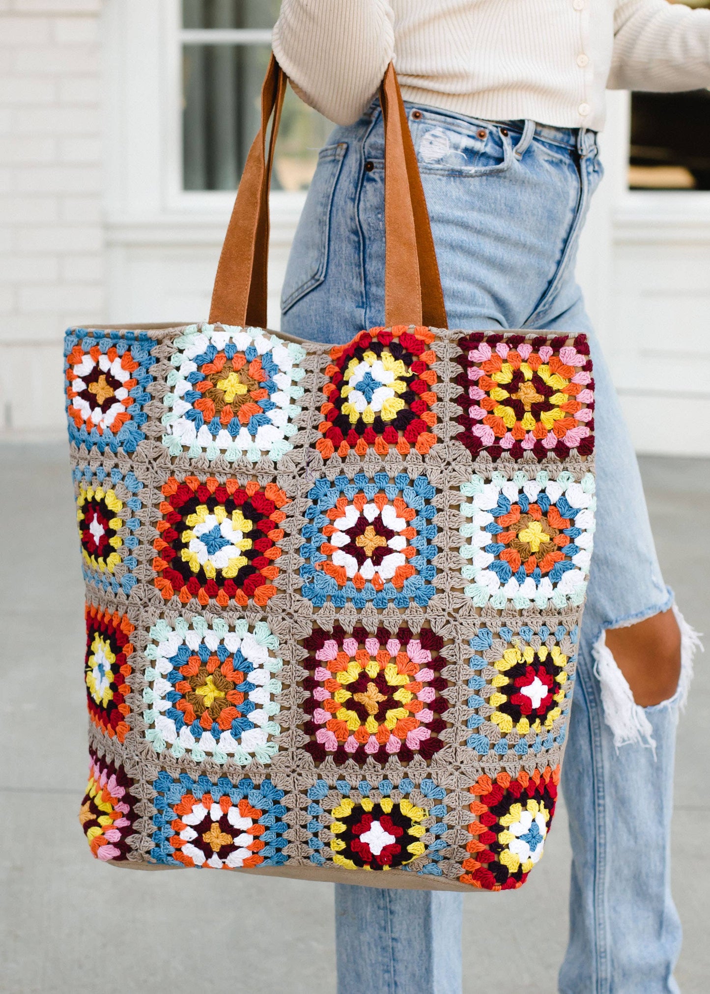 Tan & Multicolored Crochet Tote