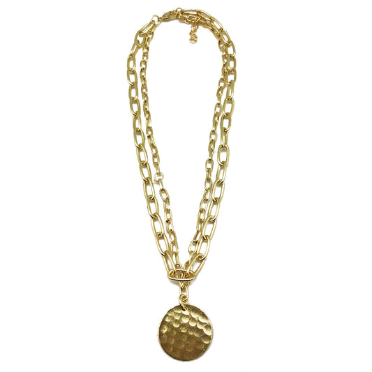 Brass Chain-Link Necklace - Dual Chain with Hammered Disc