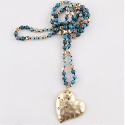 Boho Blue Color Stone Heart Pendant Necklace