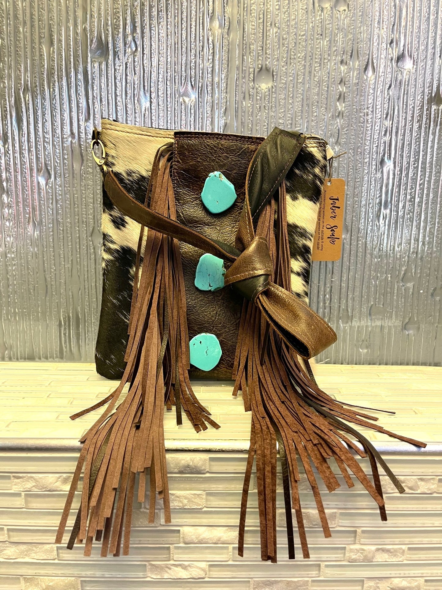 Crossbody Handbag w/ Brown Fringe & Turquoise Slabs