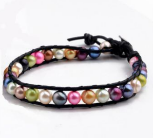 Pearl Beaded Strands Multi-Colored Leather Wrap Bracelet Handmade