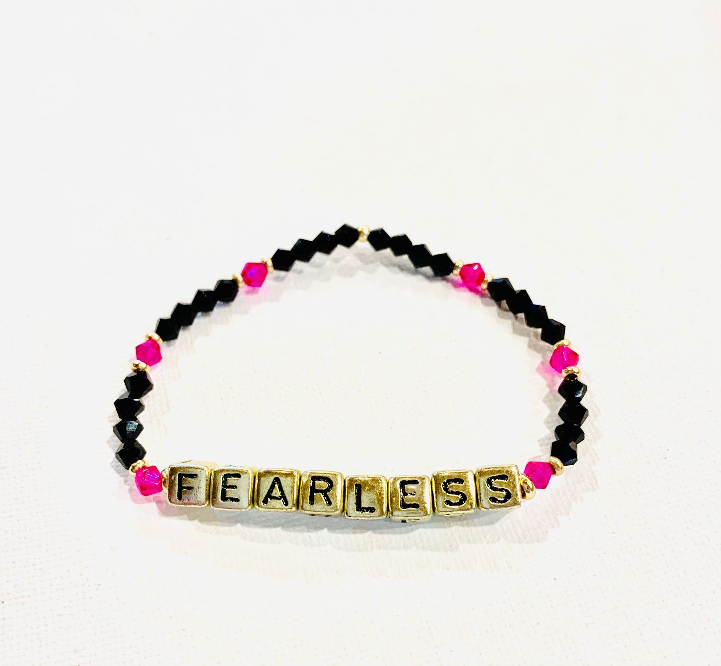 Gold Block Letter 'Fearless' Beaded Bracelets with Hearts