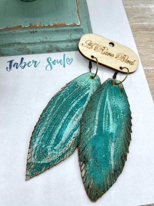 Patina Handcut Leather Feather Earring