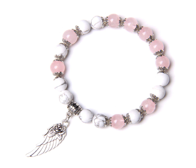 Handmade Pink Quartz Stone Angel Wing Pendant Stretch Bracelet