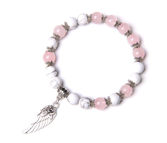 Handmade Pink Quartz Stone Angel Wing Pendant Stretch Bracelet