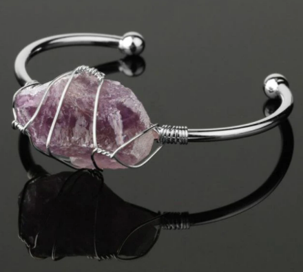 Amethyst Rough Gemstone Silver Bangle Cuff Bracelet