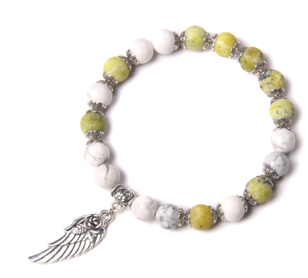 Handmade Yellow Turquoise Stone Angel Wing Pendant Stretch Bracelet
