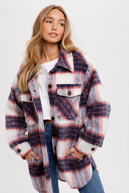 Brushed Flannel Coat- Coral/Navy