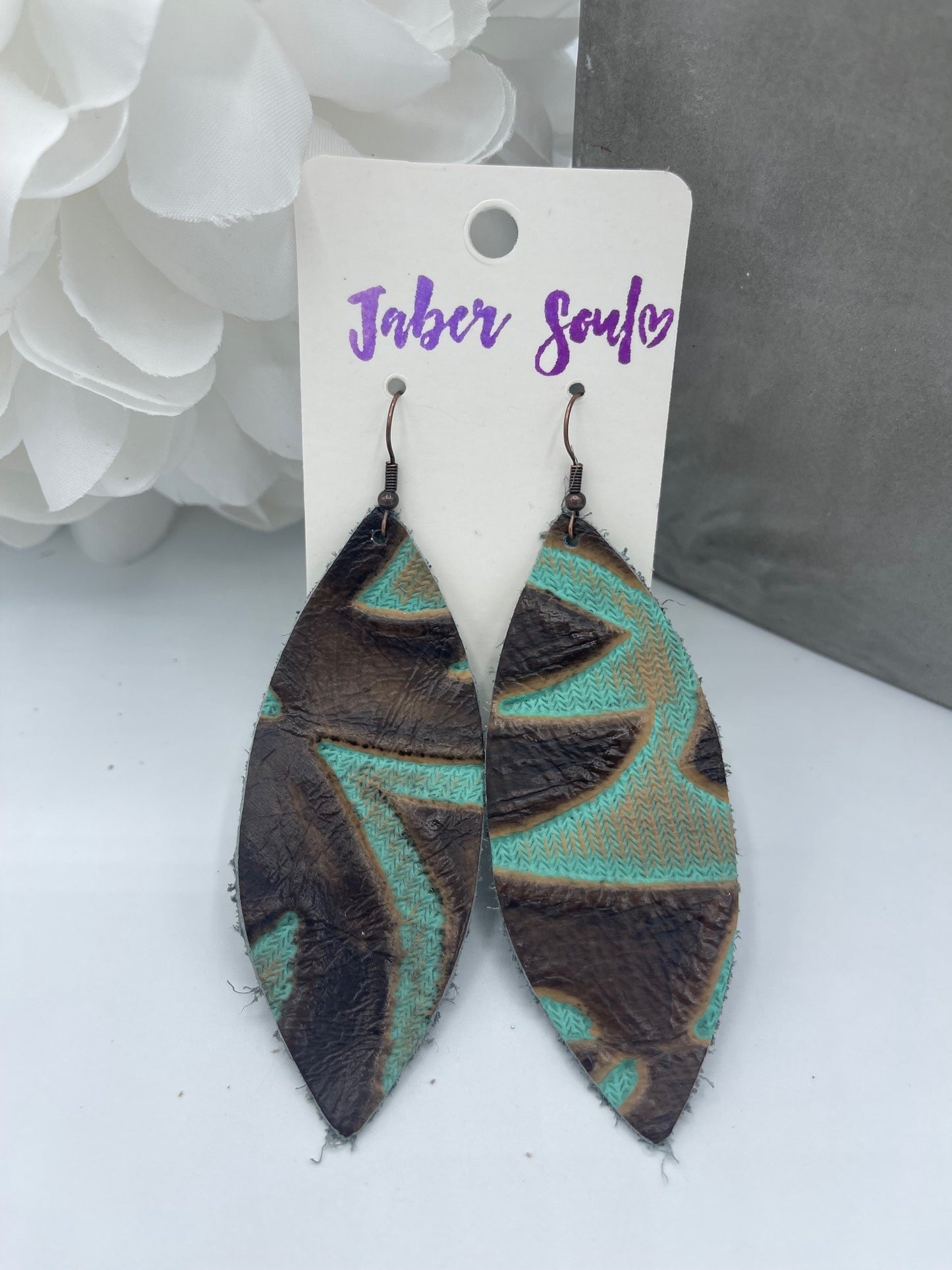 Embossed Oval Leather Turquoise Earrings