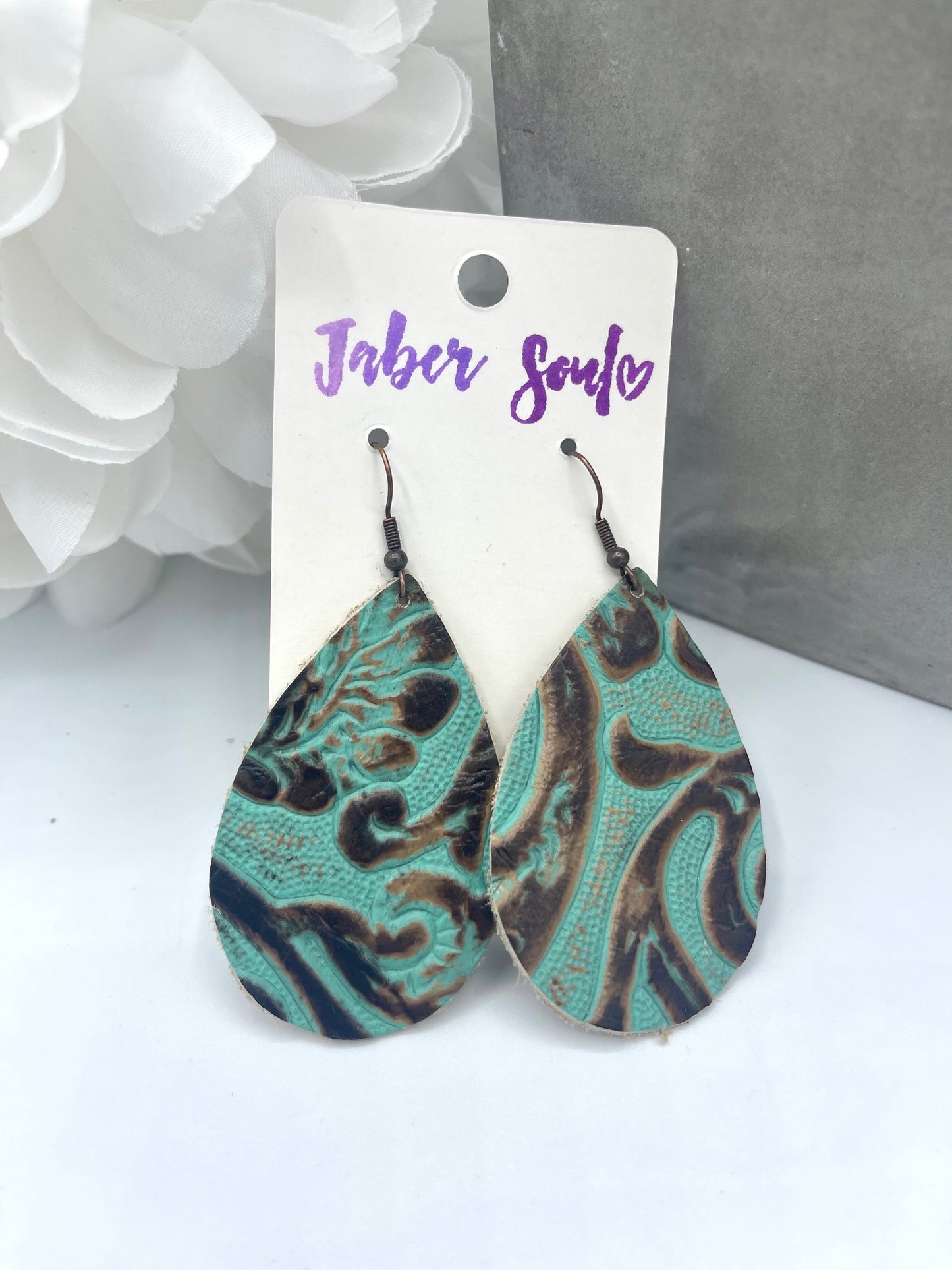 Embossed Turquoise & Brown Leather Earrings