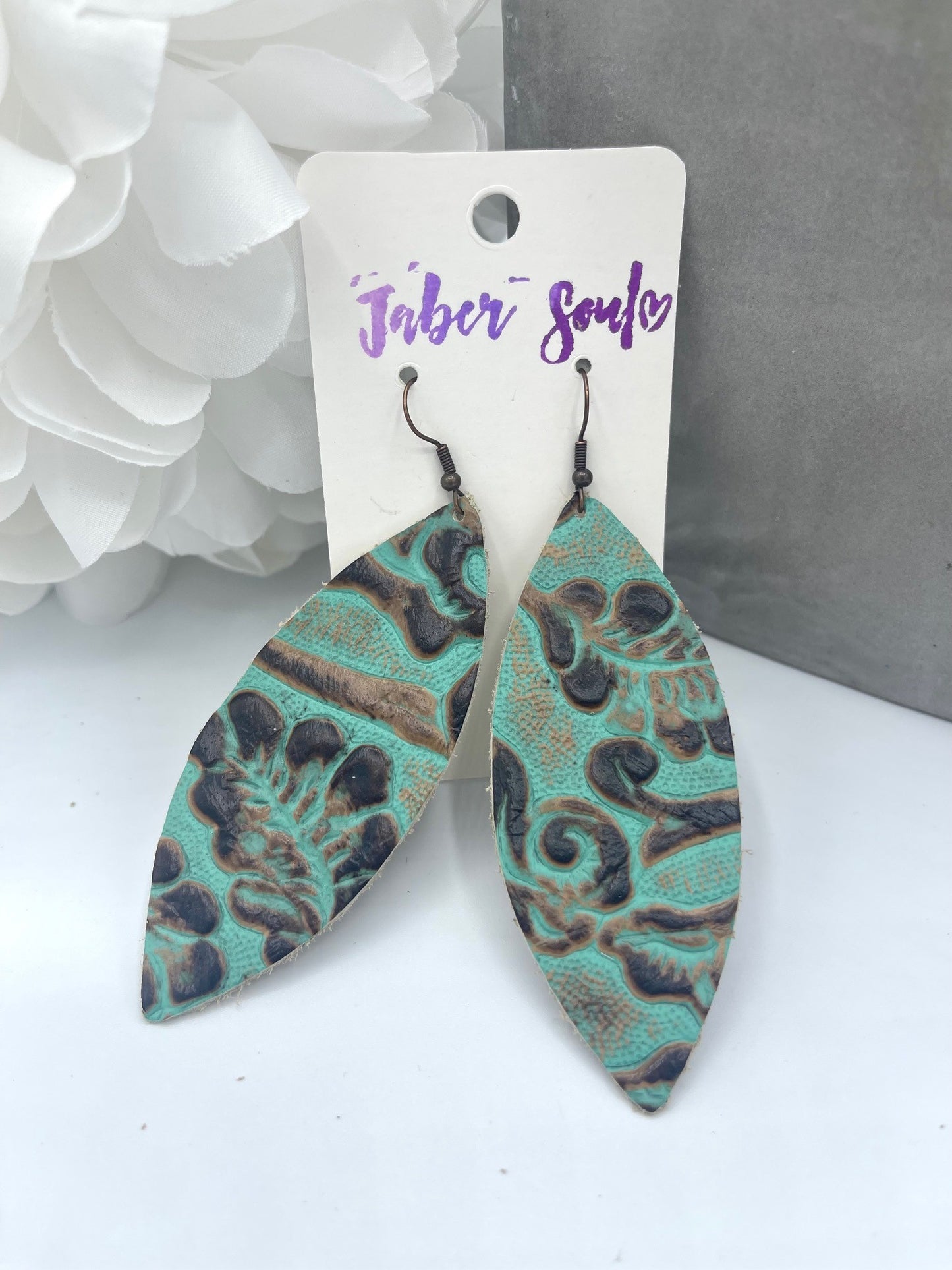 Embossed Turquoise & Brown Leather Earrings