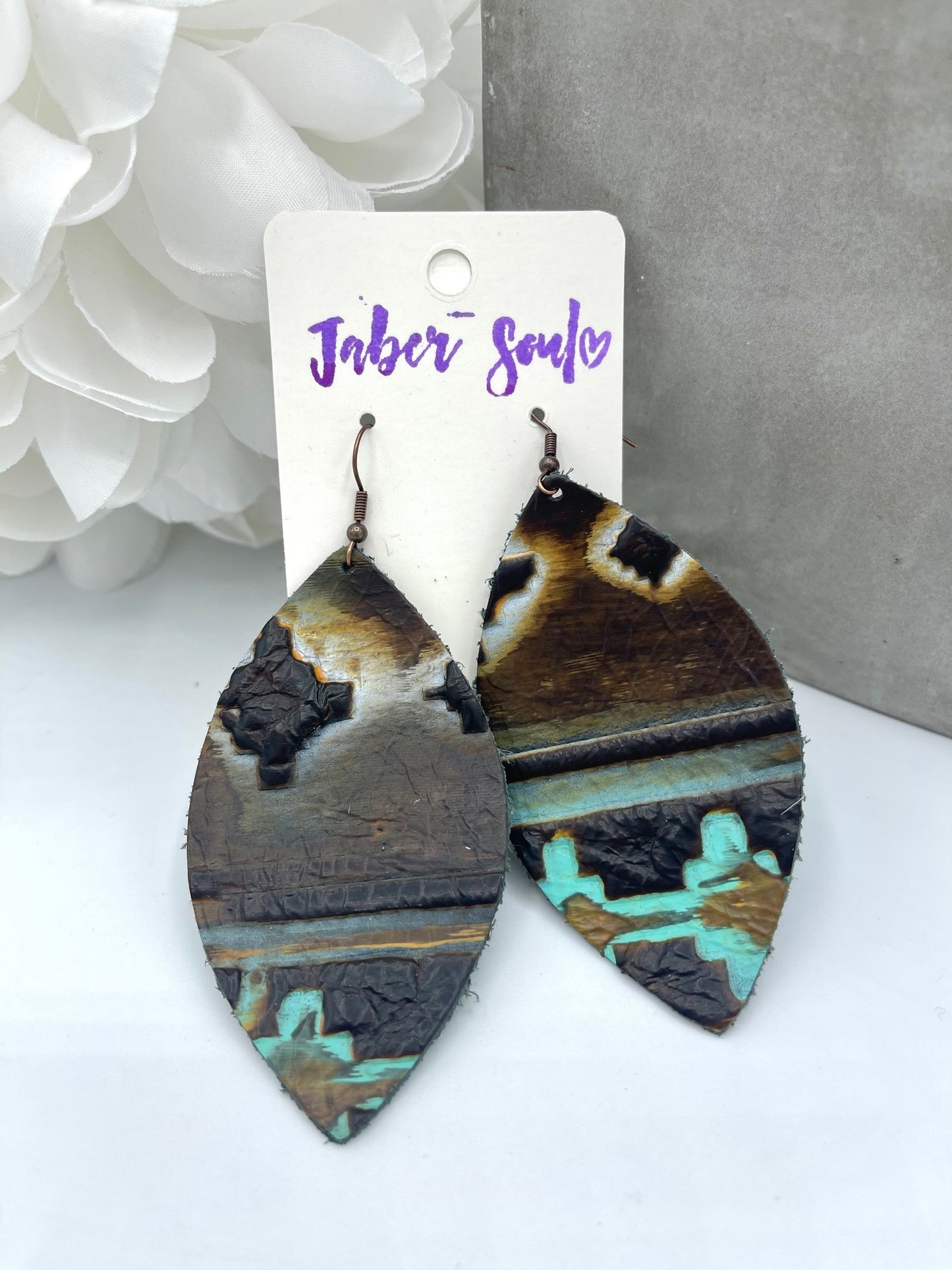 Leather Oval Earrings in Embossed Turquoise Laredo